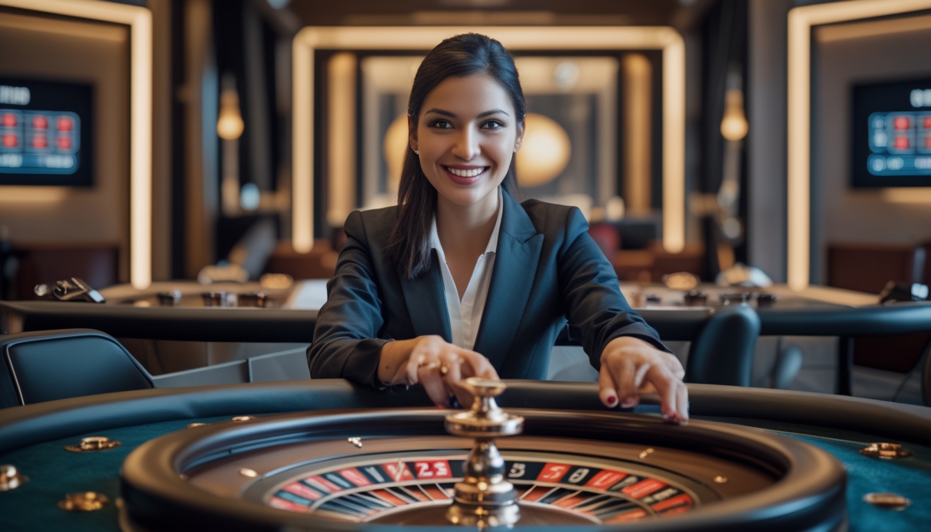 Seorang dealer wanita tersenyum di meja roulette dengan latar belakang kasino modern dan layar digital.