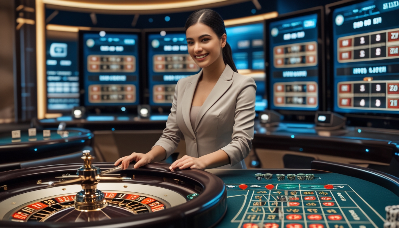 Seorang dealer wanita profesional sedang memutar roda roulette di studio kasino dengan layar digital di latar belakang.