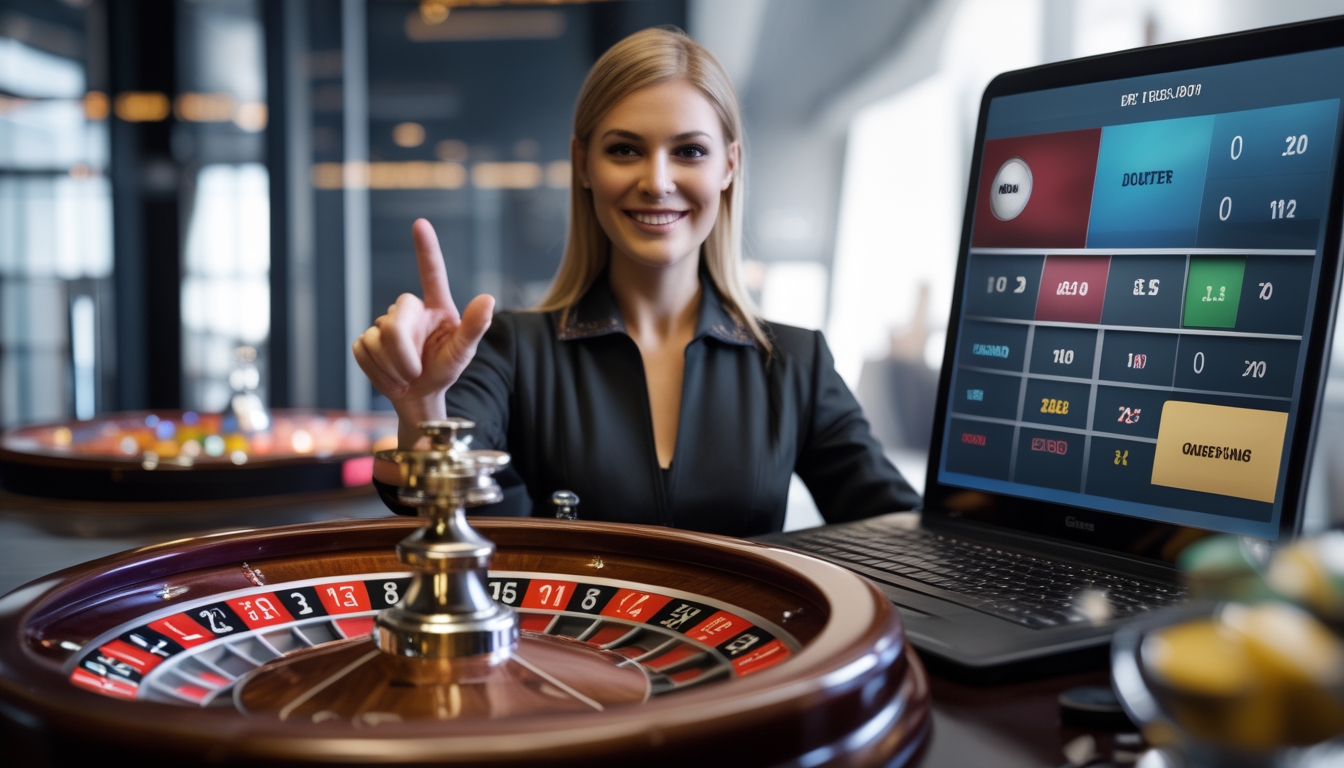Seorang dealer wanita berdiri di belakang meja roulette dengan roda roulette berputar, di depan layar komputer yang menampilkan permainan roulette online.
