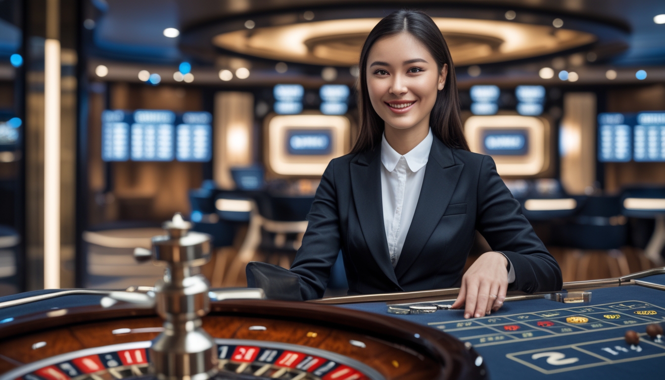 Seorang dealer wanita tersenyum di belakang meja roulette dengan roda roulette yang berputar di depan, dalam suasana kasino modern.