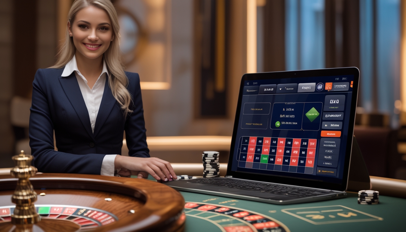 Seorang dealer wanita tersenyum di meja roulette dengan roda roulette berputar dan chip, di depan layar perangkat yang menampilkan permainan roulette langsung.