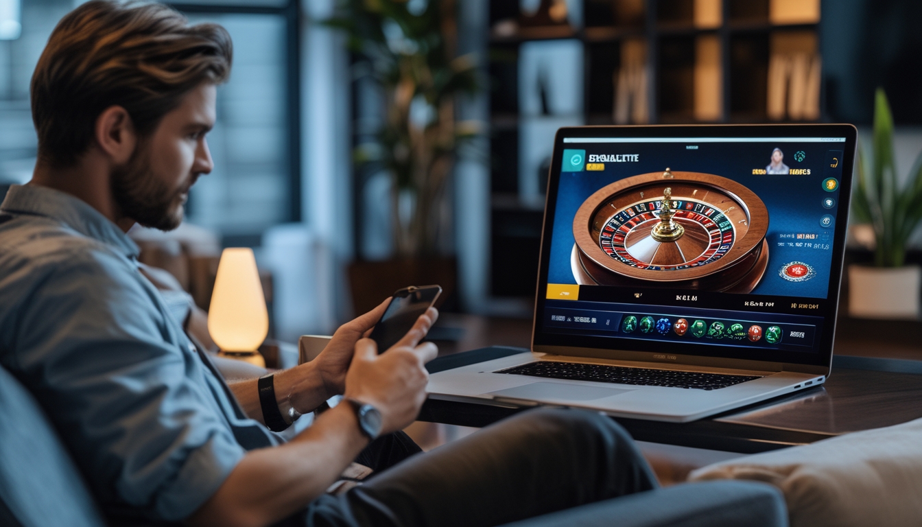 Seseorang duduk di ruang tamu sambil bermain roulette online dengan dealer langsung di layar komputer.