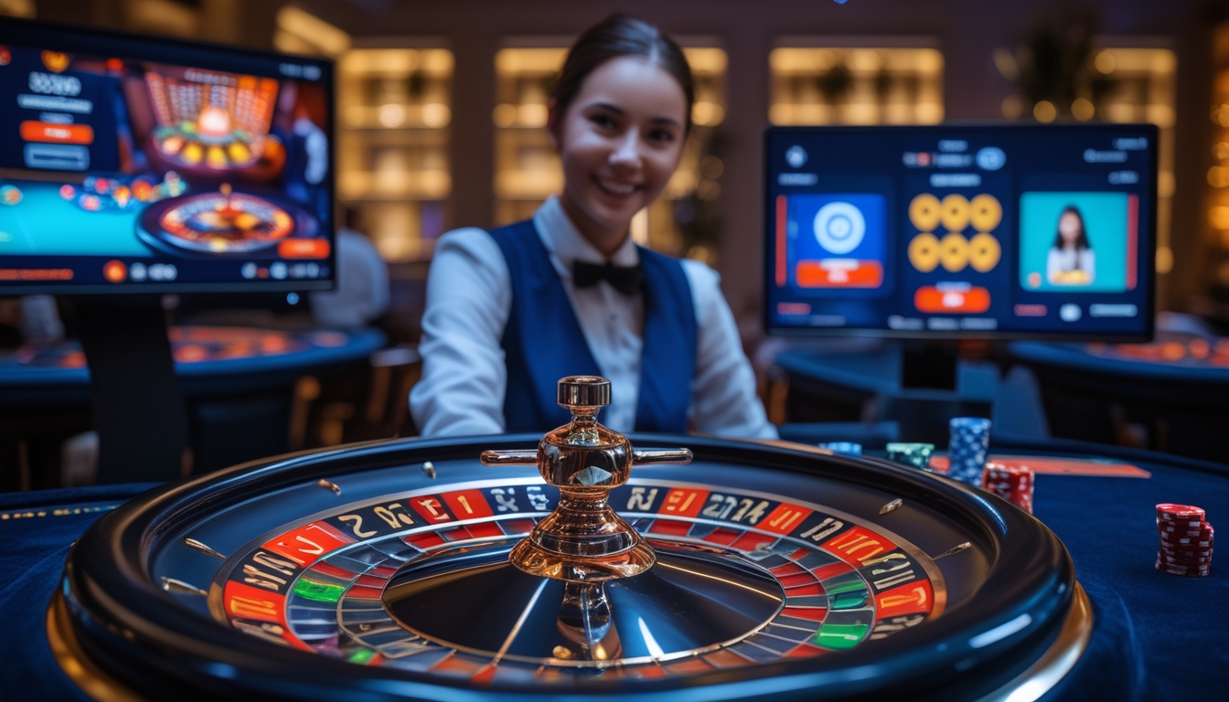 Seorang dealer kasino langsung sedang mengoperasikan permainan roulette online dengan tampilan digital dan roda roulette yang terlihat jelas.