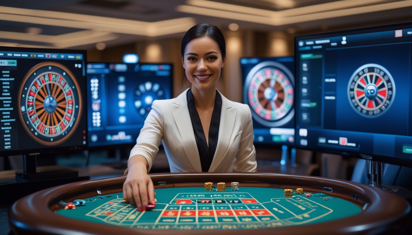 Seorang dealer wanita profesional sedang mengelola permainan roulette langsung dengan roda roulette dan layar streaming di latar belakang.