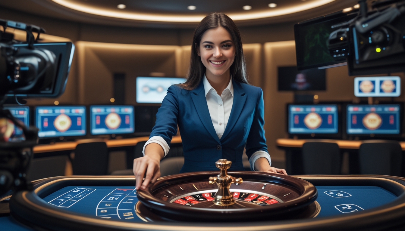 Seorang dealer wanita profesional sedang memutar roda roulette di meja kasino dengan peralatan streaming dan monitor komputer di latar belakang.