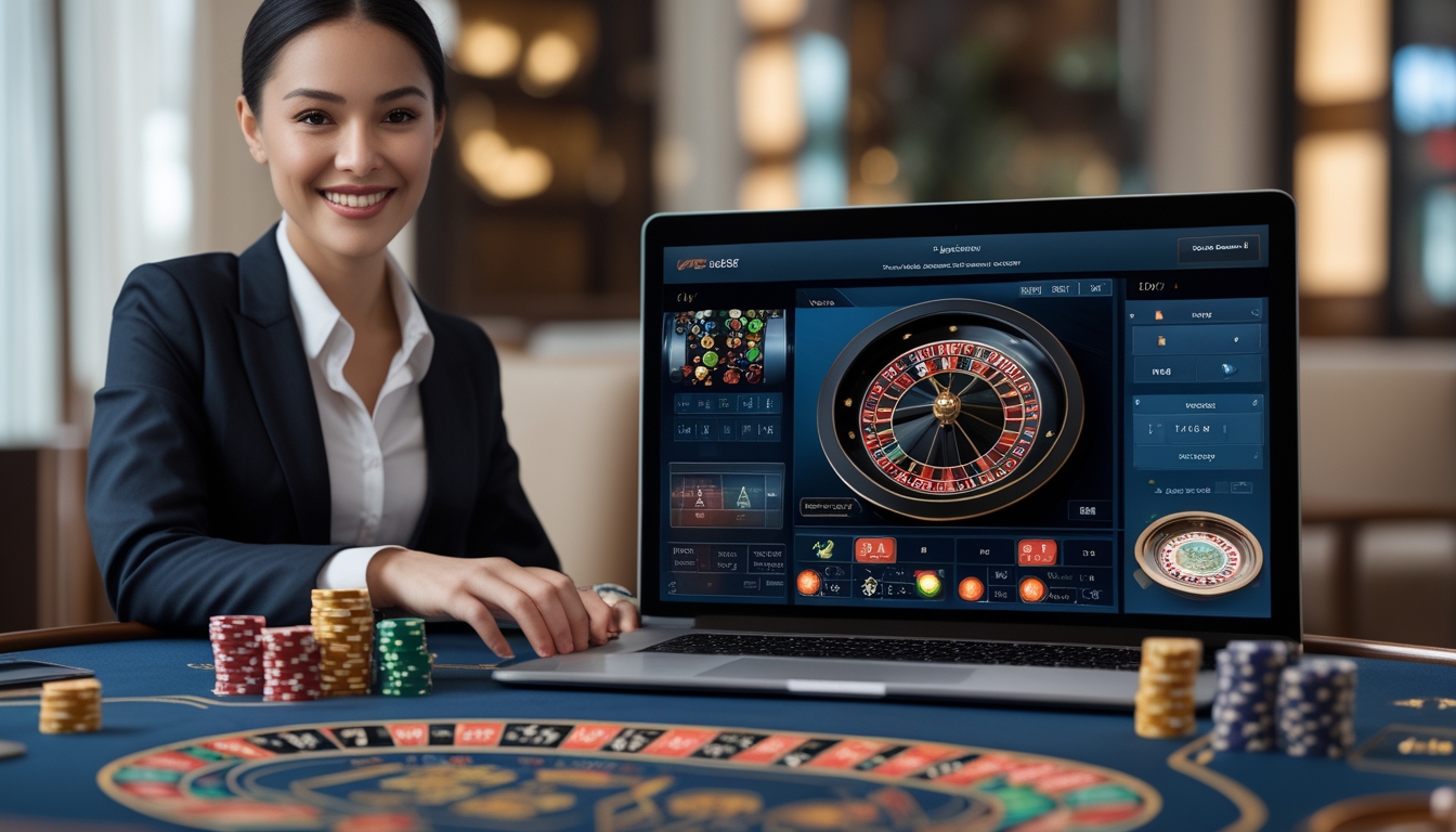 Seorang dealer profesional sedang bermain roulette langsung di depan laptop dengan roda roulette yang berputar dan chip taruhan di meja.