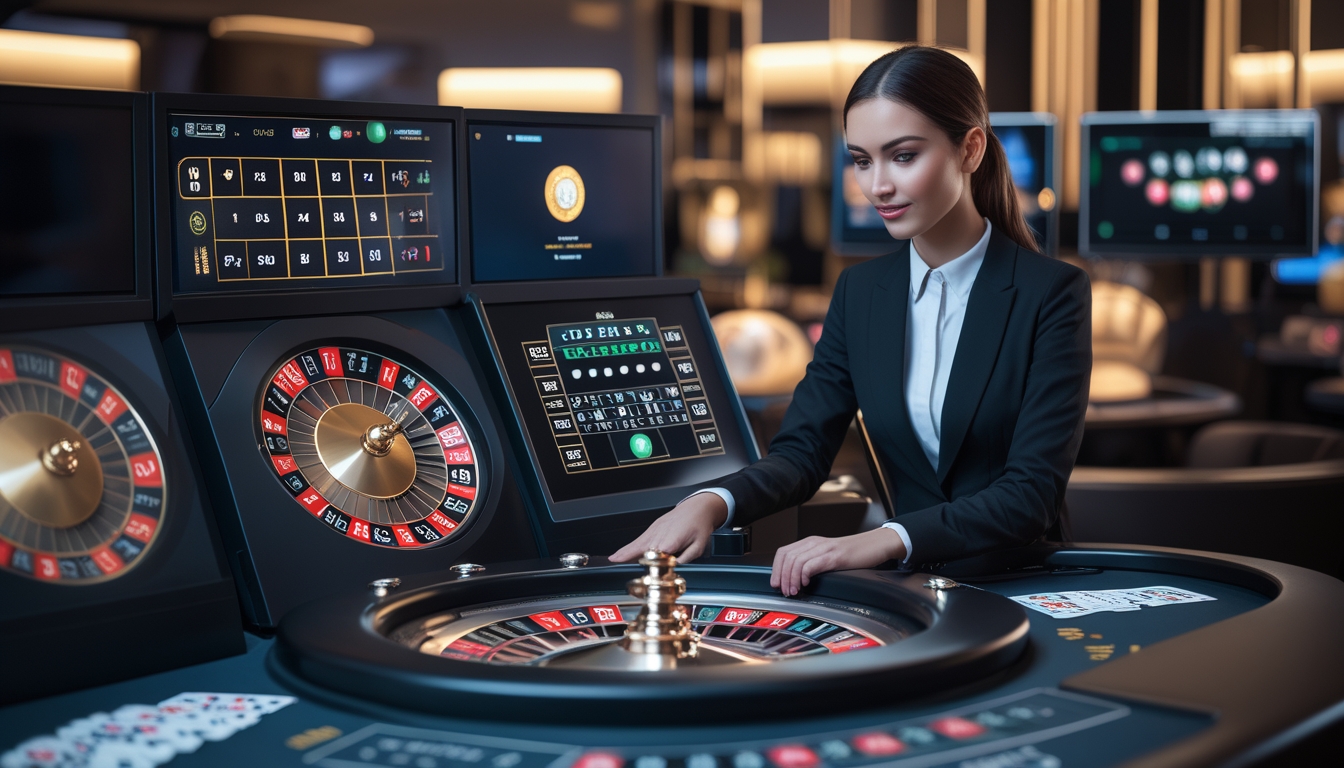 Seorang dealer wanita sedang memutar roda roulette di meja digital dengan layar permainan roulette online di latar belakang.