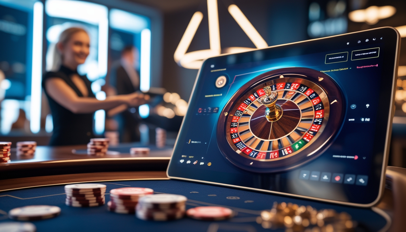 Seorang dealer wanita yang berdiri di depan meja roulette dengan roda roulette digital dalam suasana kasino modern.