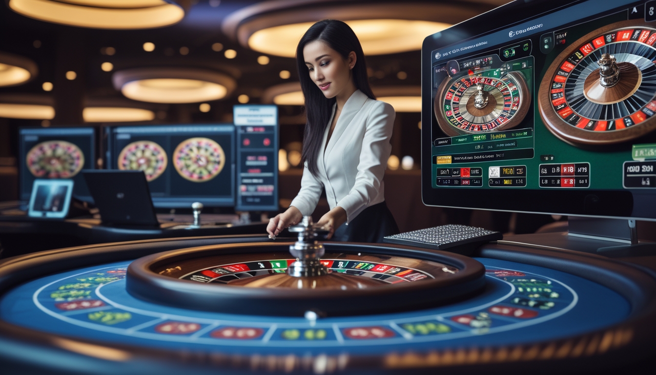 Seorang dealer wanita profesional sedang memutar roda roulette di meja permainan online dengan layar menampilkan permainan roulette secara langsung.