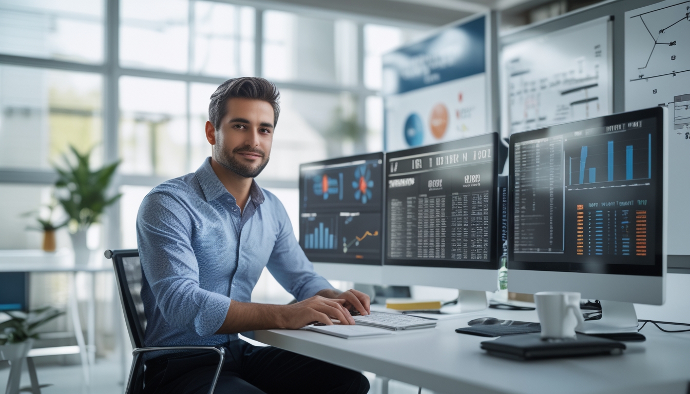 Seorang analis data pria duduk di meja kerja dengan beberapa monitor komputer menampilkan grafik dan data angka, di ruang kantor yang terang dan rapi.