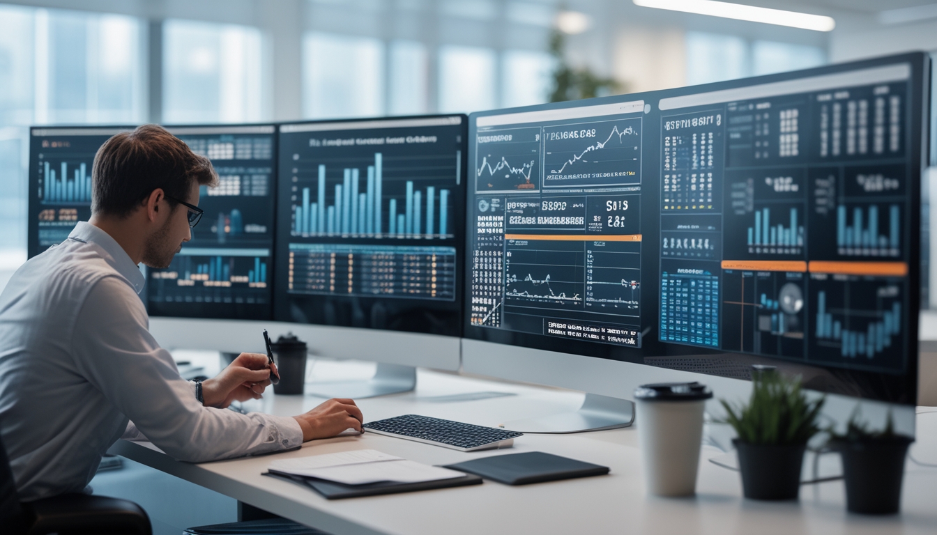 Seorang profesional sedang menganalisis data di depan beberapa layar komputer dengan grafik dan angka terkait prediksi togel di sebuah kantor yang rapi.