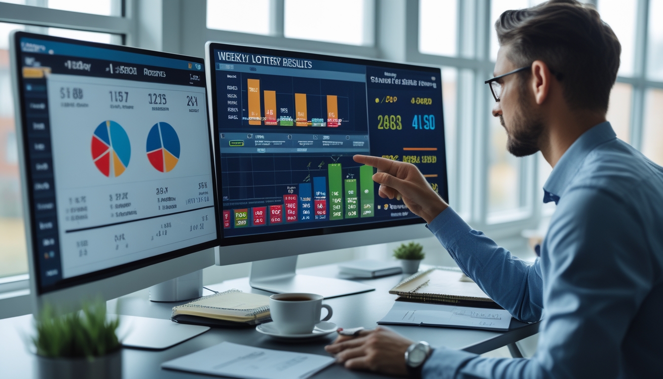 Seseorang sedang menganalisis data di meja kerja dengan beberapa layar komputer yang menampilkan grafik dan angka terkait hasil mingguan togel.