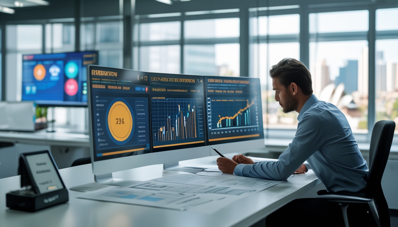 Seorang profesional sedang menganalisis data di depan beberapa monitor dengan grafik dan laporan di sebuah kantor modern dengan pemandangan kota Sydney di latar belakang.