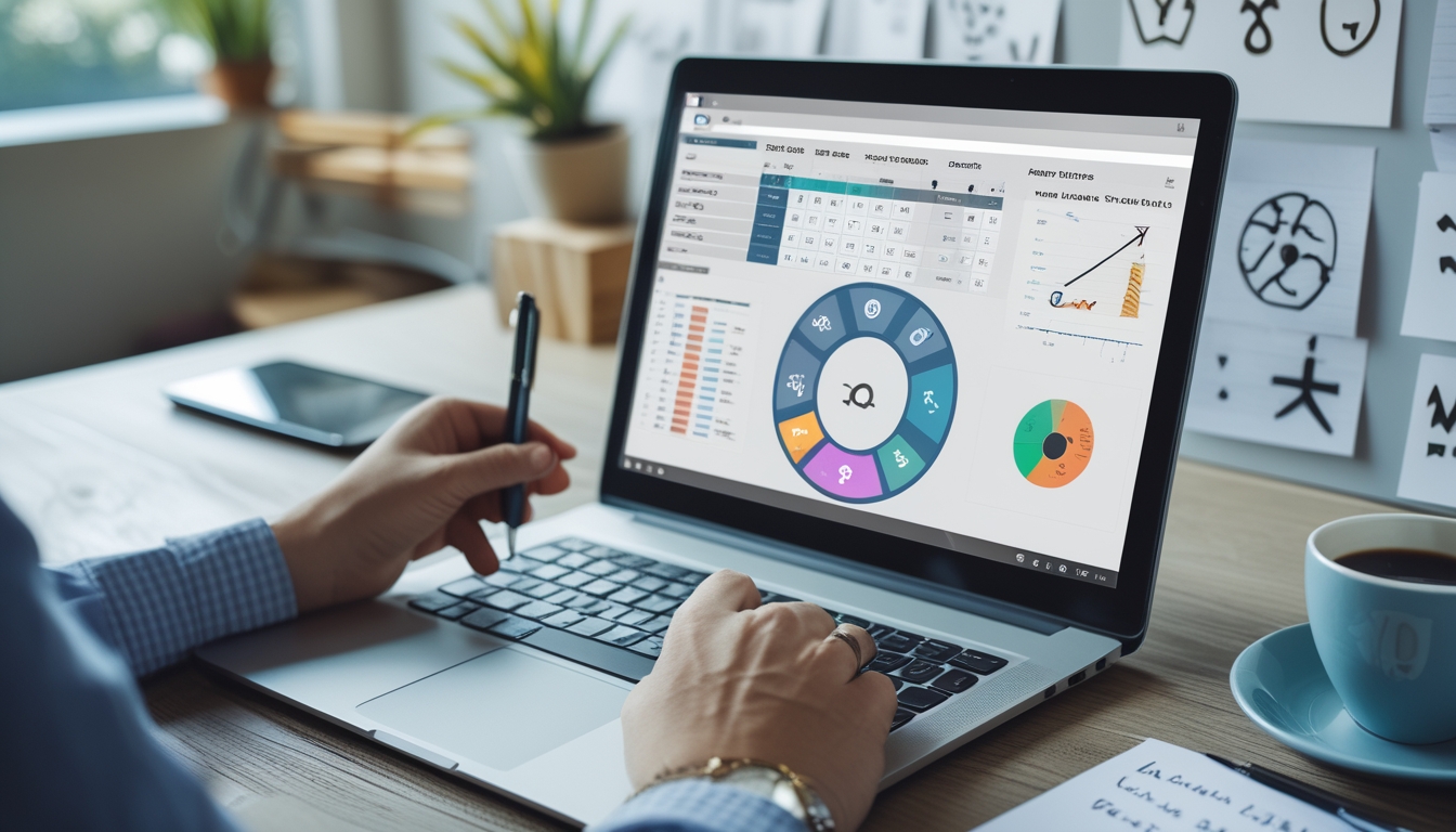 Meja kerja modern dengan laptop yang menampilkan grafik dan data, tangan seseorang menunjuk layar, di sekitar terdapat catatan dan kopi.