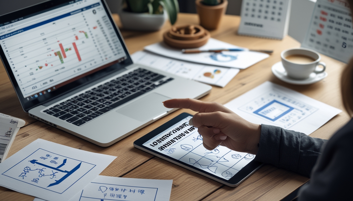 Meja kerja dengan laptop, tablet, dan catatan yang menunjukkan analisa angka dan tanda shio untuk prediksi togel.