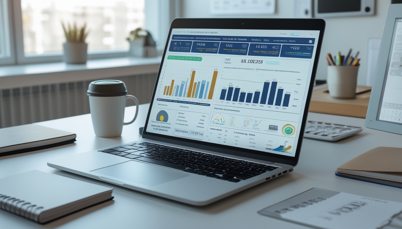 Meja kerja modern dengan laptop yang menampilkan grafik dan data prediksi angka togel, dikelilingi oleh buku catatan, kopi, dan ponsel di ruang kantor yang terang.