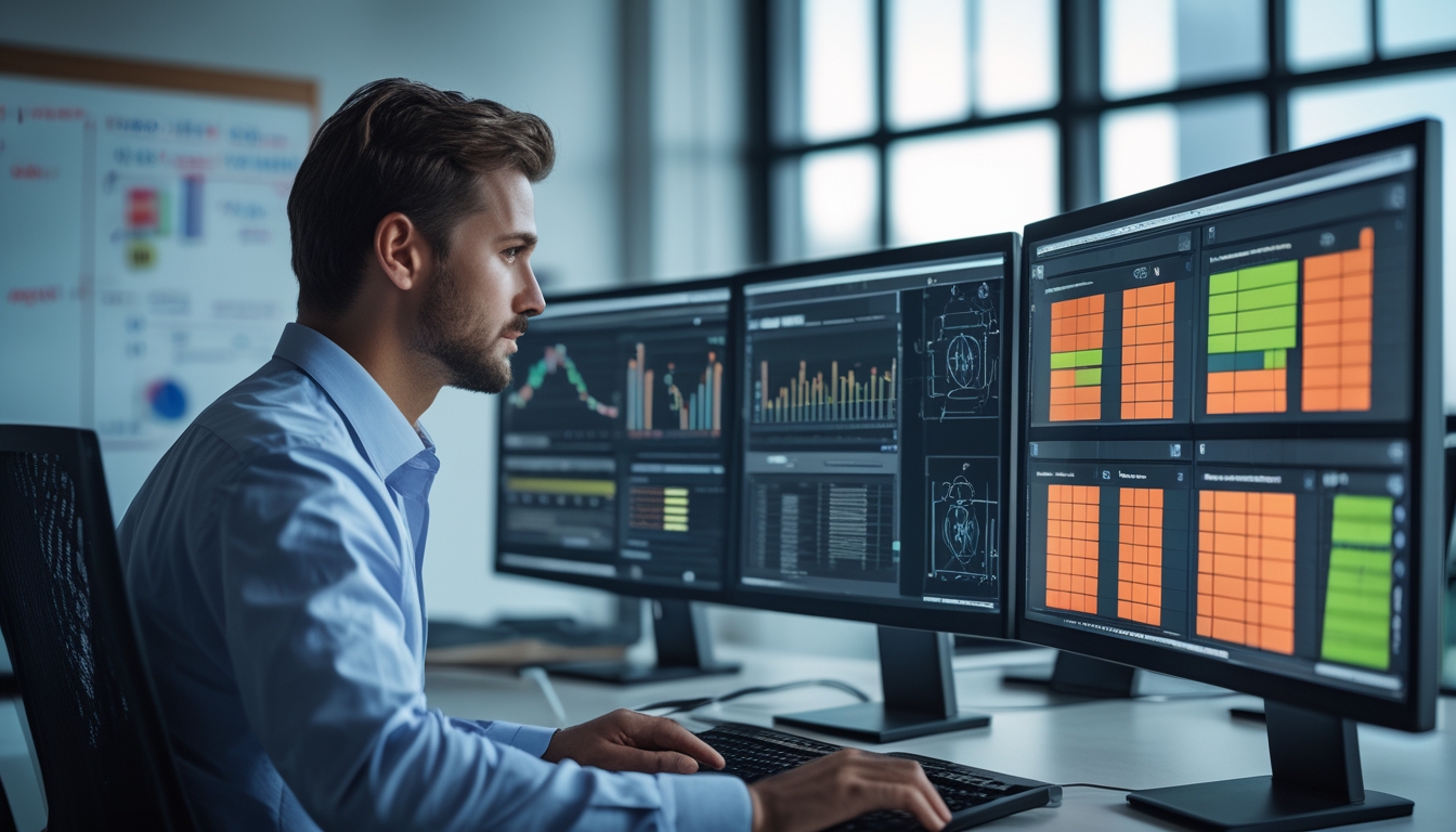 Seorang analis data sedang bekerja dengan beberapa layar komputer yang menampilkan grafik dan data untuk prediksi togel Sydney di sebuah kantor modern.