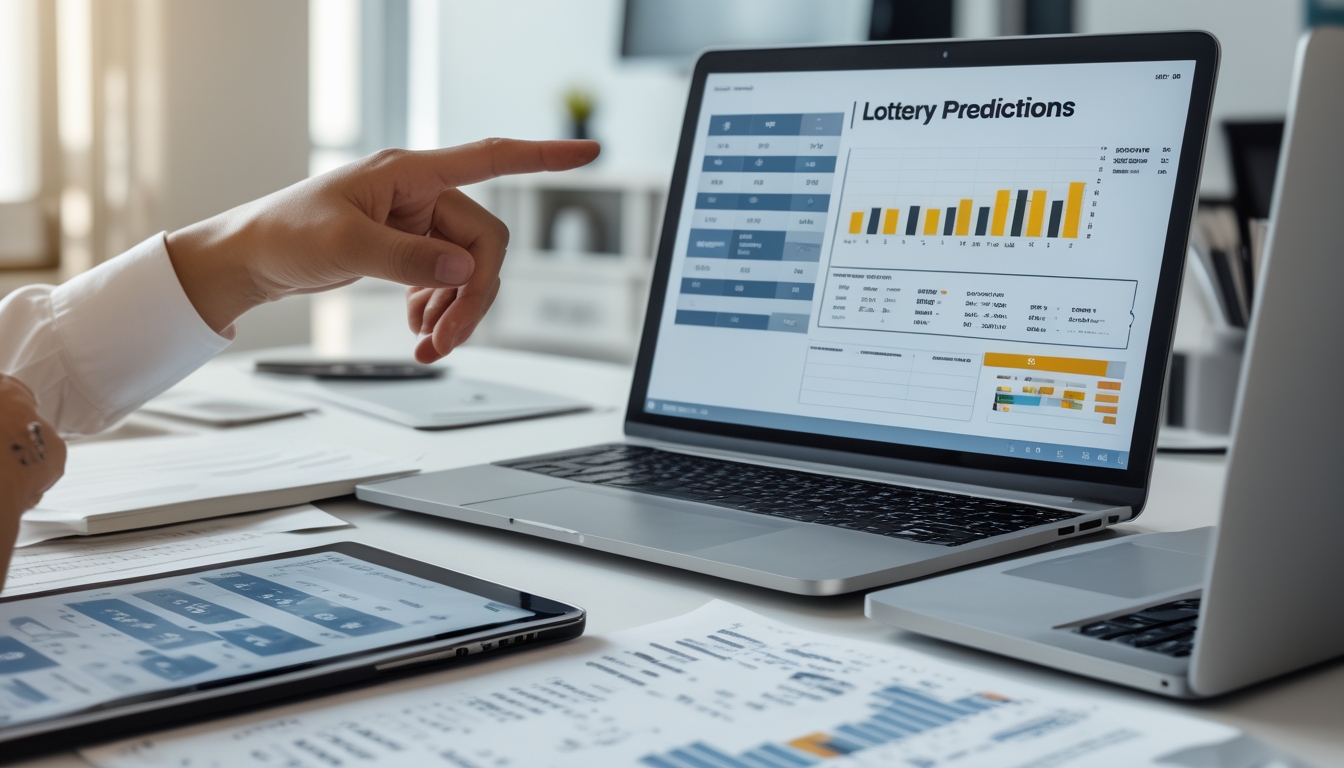 Seseorang sedang menganalisis data angka di meja kerja dengan laptop dan tablet di ruang kantor yang terang.