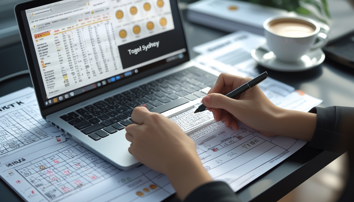 Meja kerja dengan laptop dan catatan angka togel Sydney, tangan seseorang sedang menganalisis data.