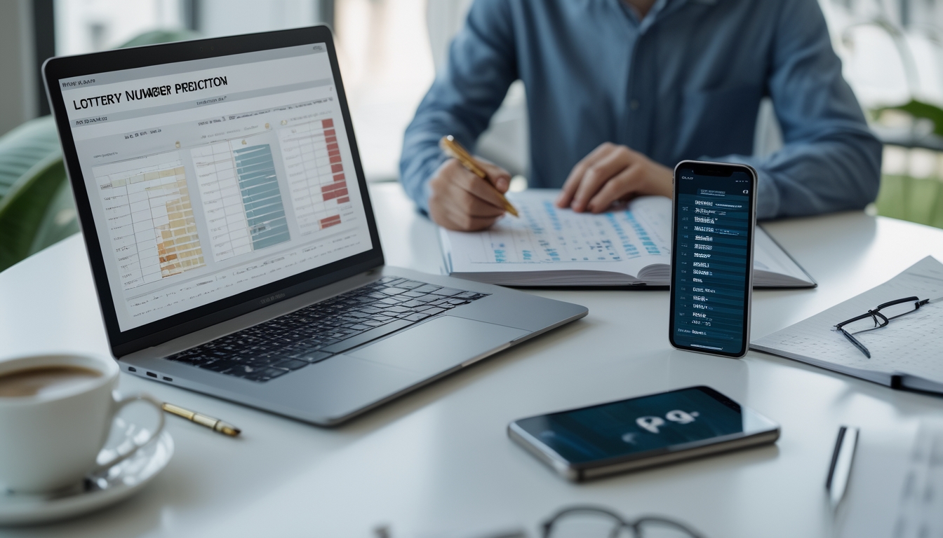 Seseorang sedang bekerja di meja dengan laptop, buku catatan, dan ponsel, menganalisis data angka togel.