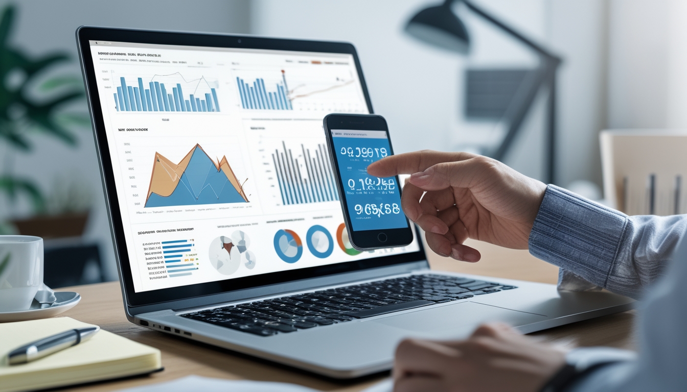 Sebuah ruang kerja modern dengan laptop yang menampilkan grafik dan data, tangan seseorang sedang menunjuk layar, di meja terdapat buku catatan dan kopi.