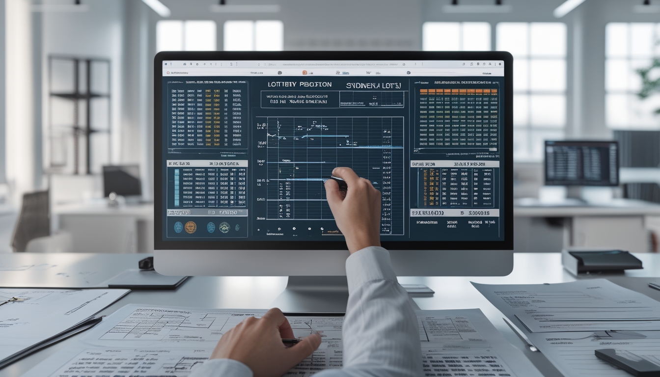 Seseorang sedang menganalisis data angka dan grafik di meja kerja dengan komputer di kantor yang terang dan rapi.
