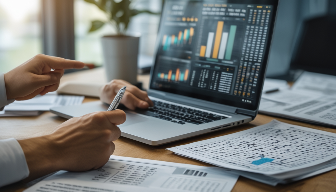 Sebuah meja kerja dengan laptop yang menampilkan grafik dan data angka, serta tangan seseorang menunjuk layar dengan pena, menggambarkan analisa data angka togel.
