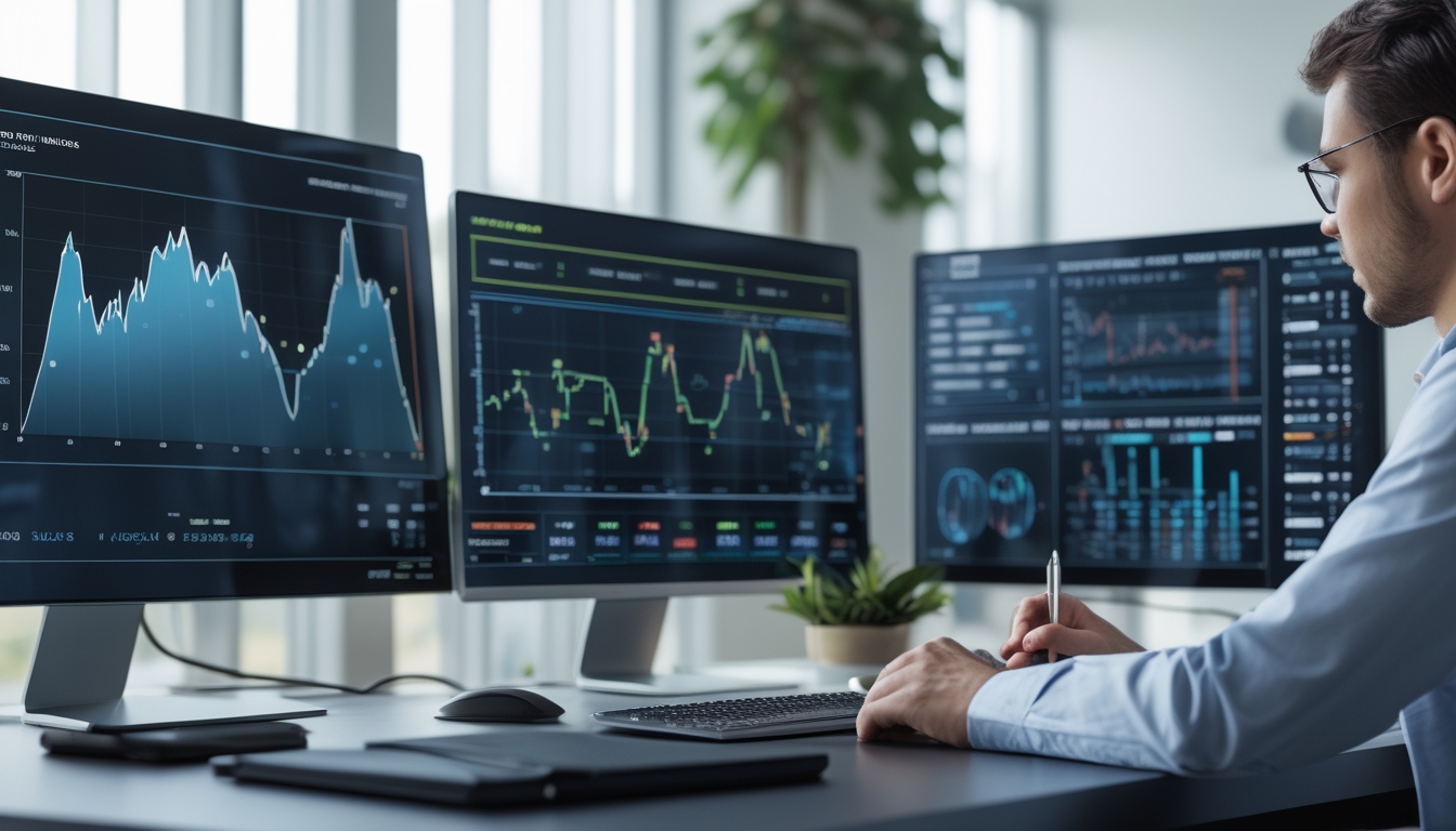 Seorang pria di meja kerja modern sedang menganalisis data di beberapa layar komputer yang menampilkan grafik dan tabel angka.