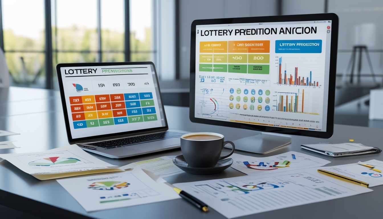 Meja kerja modern dengan perangkat digital menampilkan grafik dan angka prediksi togel, dilengkapi kertas catatan, kopi, dan pena di ruangan kantor yang terang.