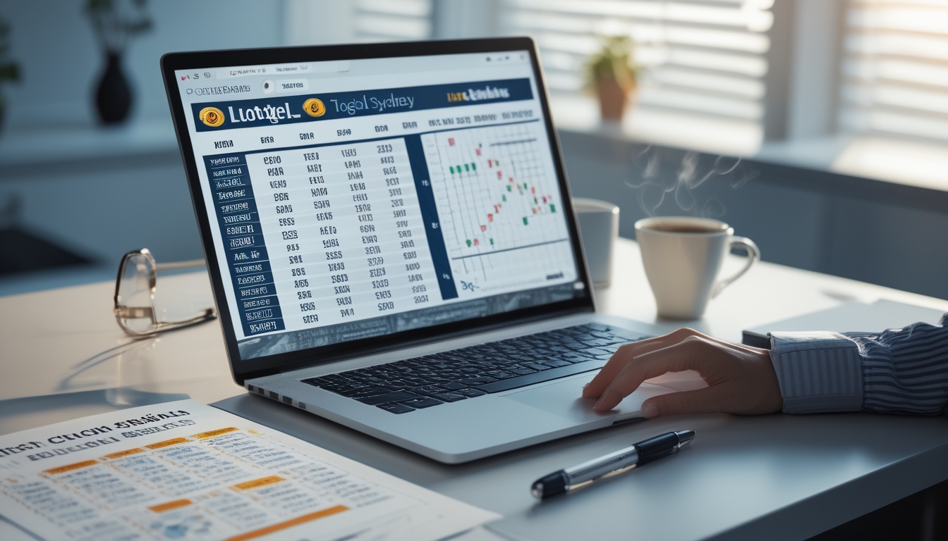 Meja kerja dengan laptop dan kertas berisi angka prediksi togel, suasana fokus dan terorganisir.