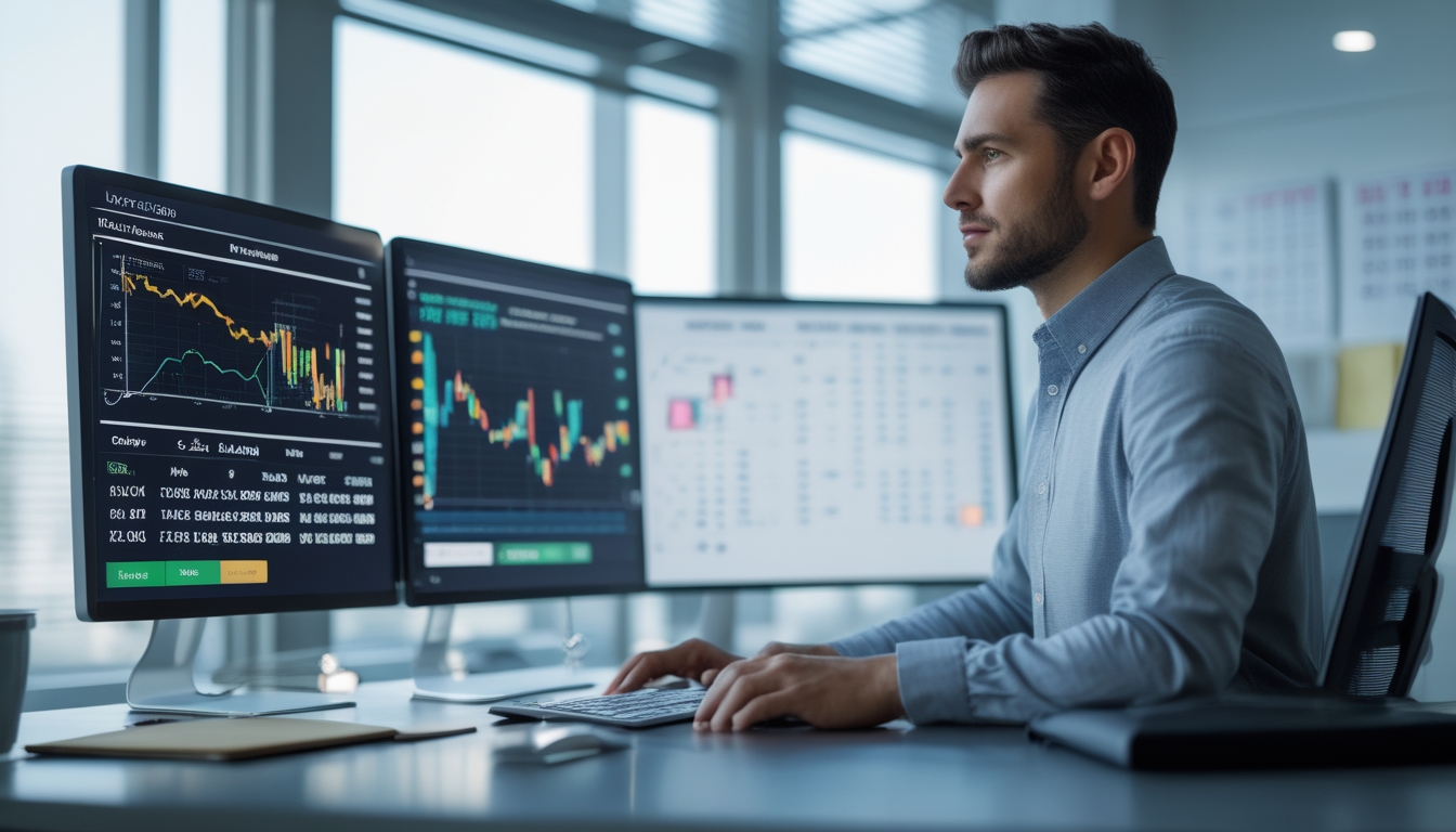 Seorang analis data sedang bekerja di meja kantor dengan beberapa layar komputer yang menampilkan grafik dan data angka.