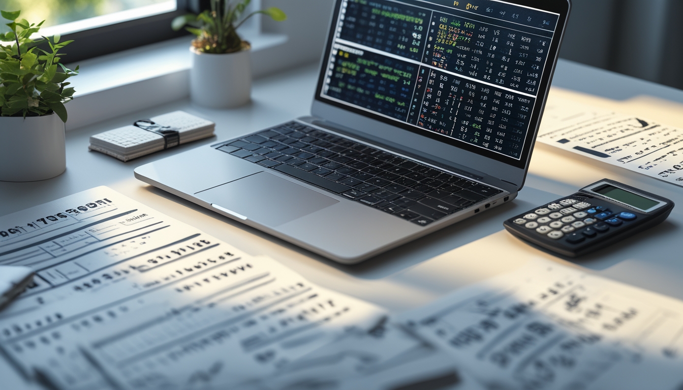Meja kerja dengan laptop, kalkulator, dan kertas berisi angka dan rumus untuk prediksi togel.