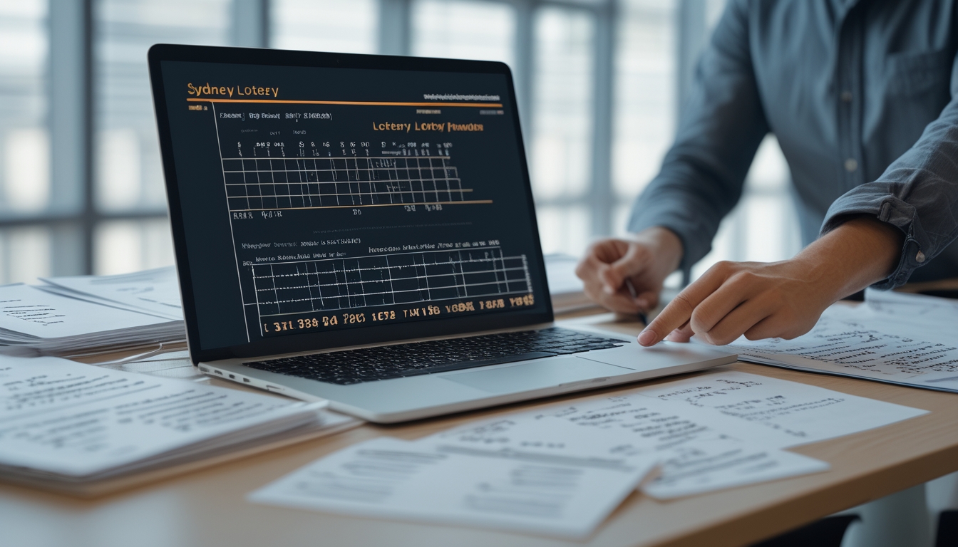Seseorang sedang menganalisis data angka lotere di meja kerja dengan laptop dan catatan tulisan tangan.