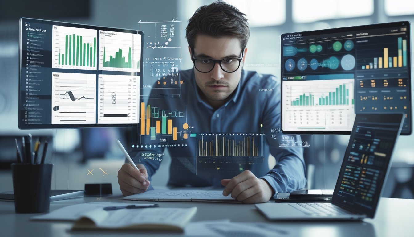 Seseorang sedang menganalisis pola dan data di layar komputer di sebuah kantor modern.