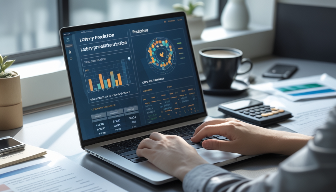 Meja kerja modern dengan laptop yang menampilkan data angka dan grafik, tangan seseorang sedang menggunakan keyboard dan kalkulator di dekatnya.