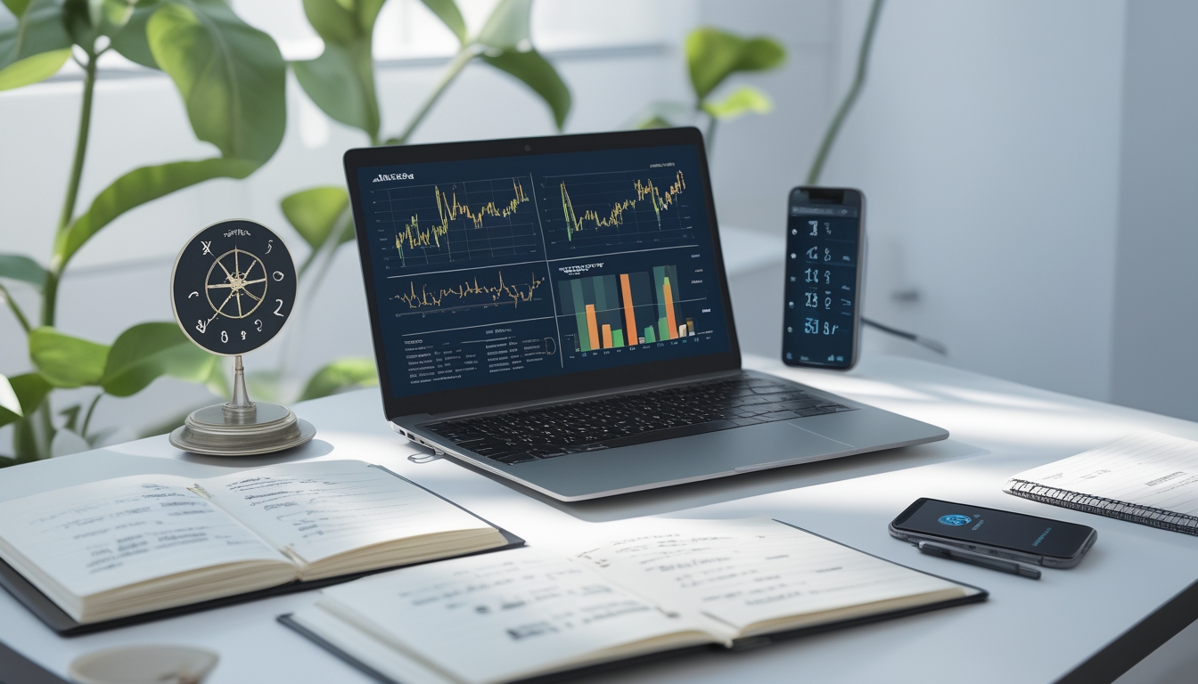 Meja kerja modern dengan laptop, catatan, dan ponsel yang menampilkan grafik dan kalender, dikelilingi oleh simbol zodiak dan motif alam.