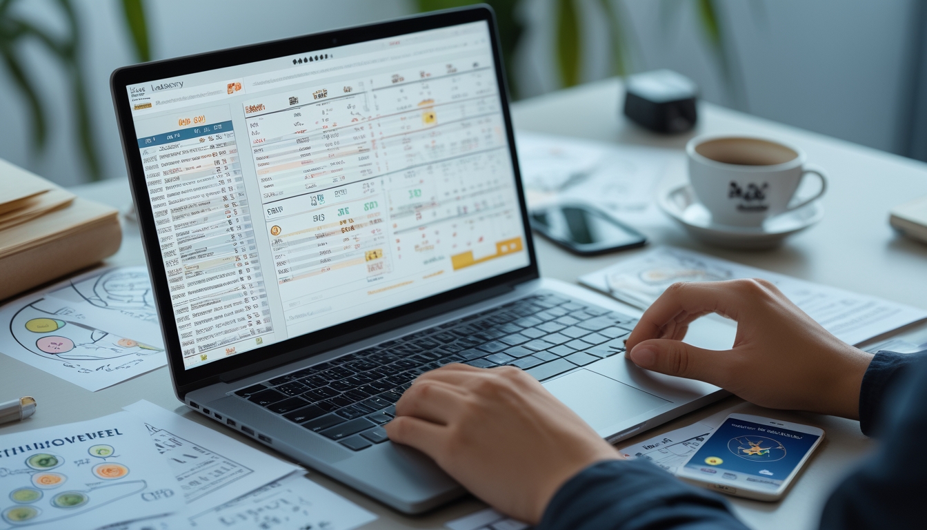 Meja kerja dengan laptop yang menampilkan grafik dan angka prediksi togel, dikelilingi oleh catatan dengan simbol shio dan kode alam, di ruang kantor yang rapi dan terang.
