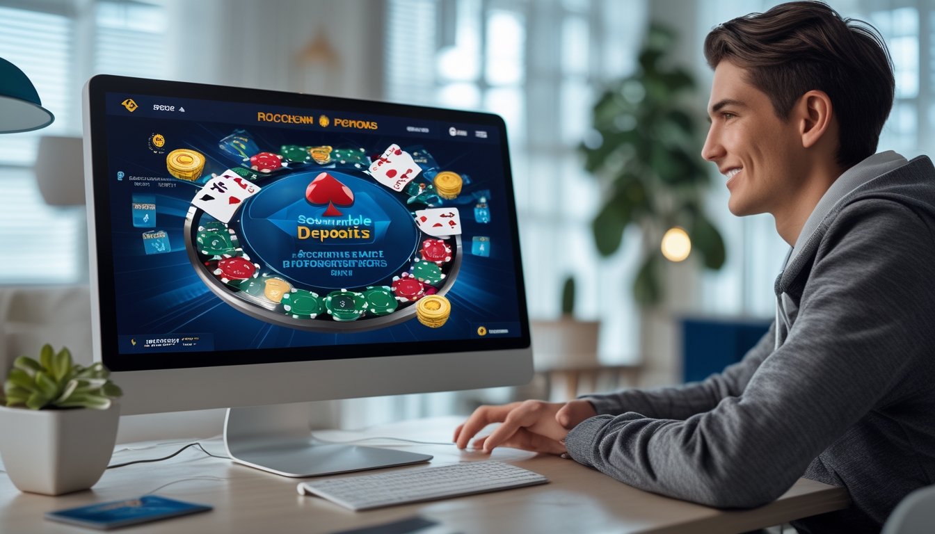 Seorang pemain muda sedang bermain poker online di depan komputer dengan chip poker dan kartu di layar, di ruang kerja yang rapi dan terang.