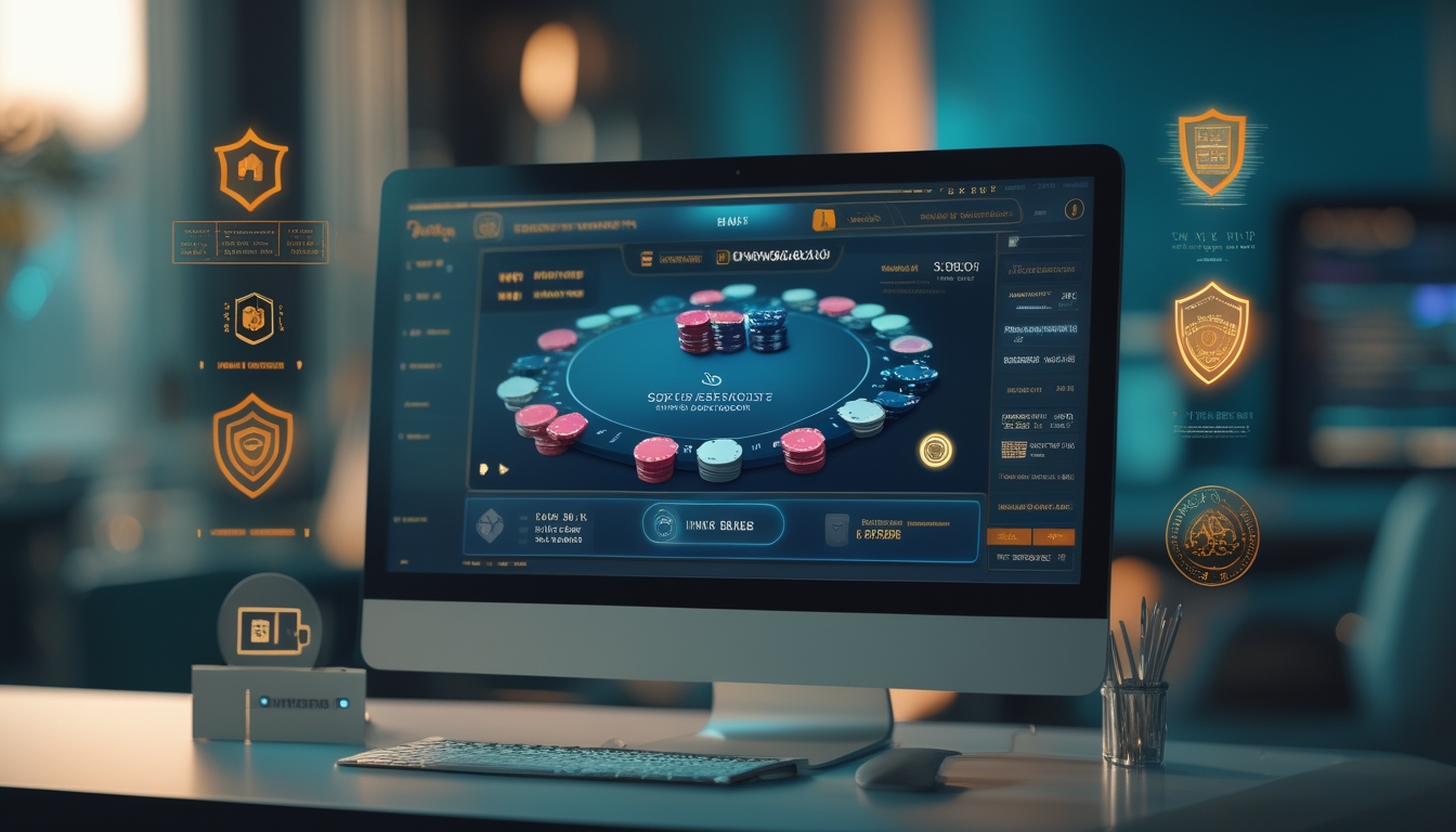 Sebuah meja dengan komputer yang menampilkan permainan poker online dengan chip dan kartu, serta simbol keamanan dan kepercayaan di layar.