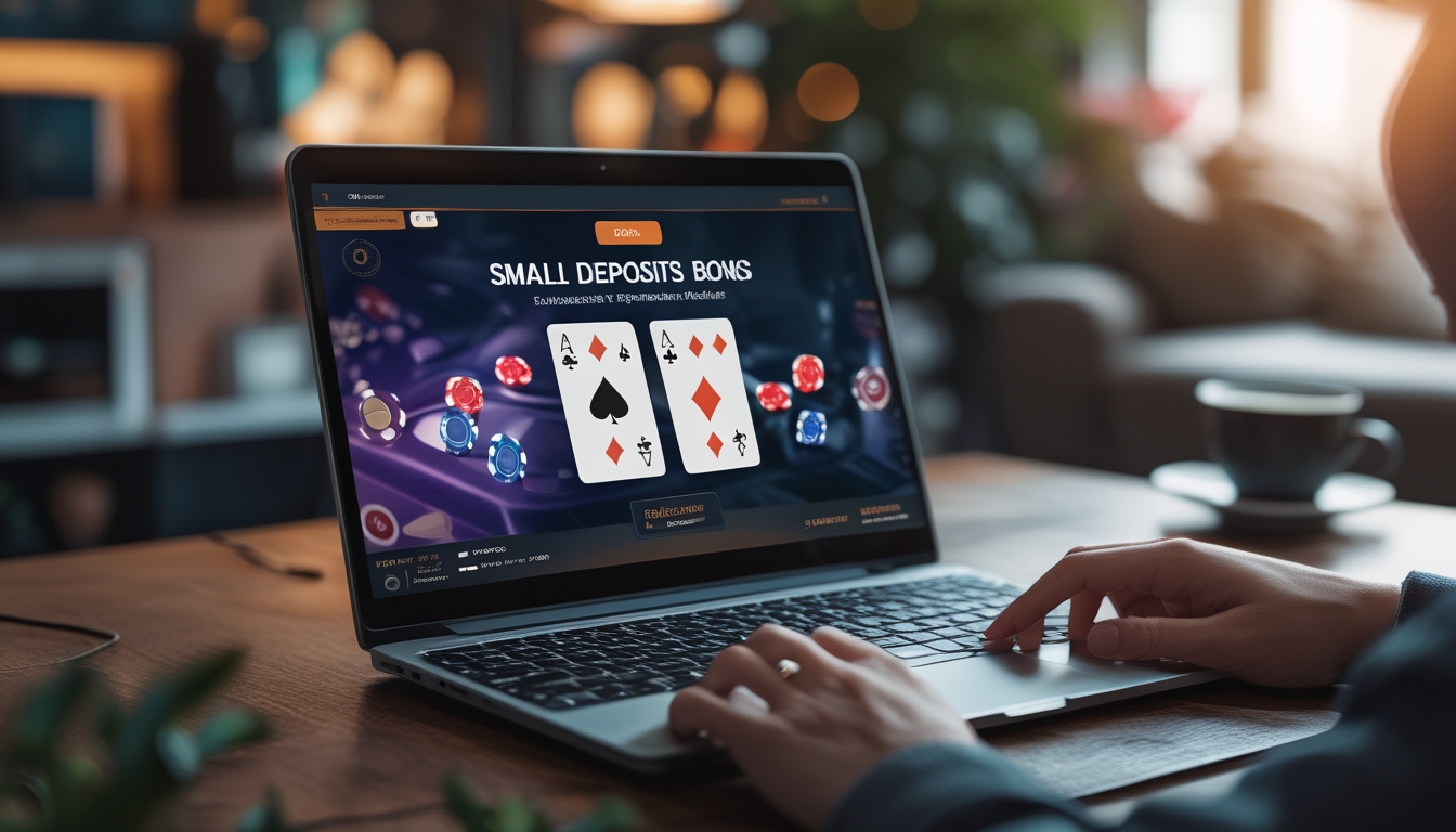 Seseorang bermain poker online di laptop dengan chip dan kartu poker di layar, di ruang tamu yang nyaman.