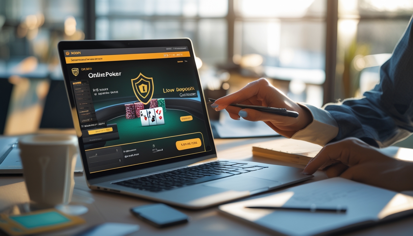 Seorang pria sedang menggunakan laptop di meja kerja yang rapi dengan layar menampilkan permainan poker online, di sampingnya terdapat buku catatan dan pena.
