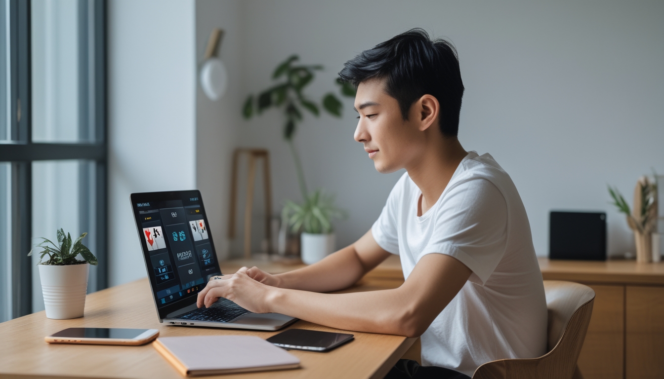 Seorang pemula bermain poker online di laptop di rumah dengan suasana nyaman dan rapi.