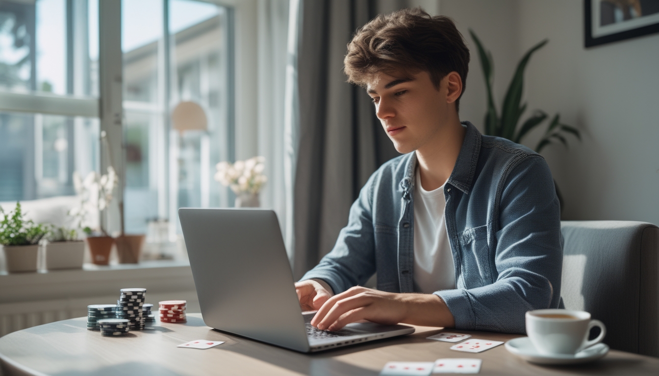 Seorang dewasa muda bermain poker online di laptop dengan chip poker dan kartu di meja di suasana rumah yang nyaman.