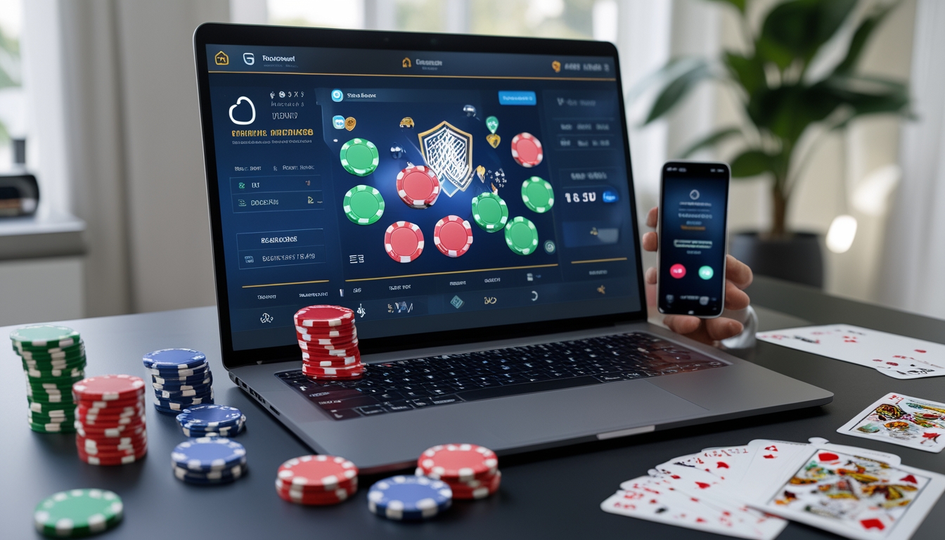Sebuah meja kerja dengan komputer yang menampilkan permainan poker online, dilengkapi dengan chip poker dan kartu bermain, serta ponsel yang menunjukkan aplikasi pembayaran aman.