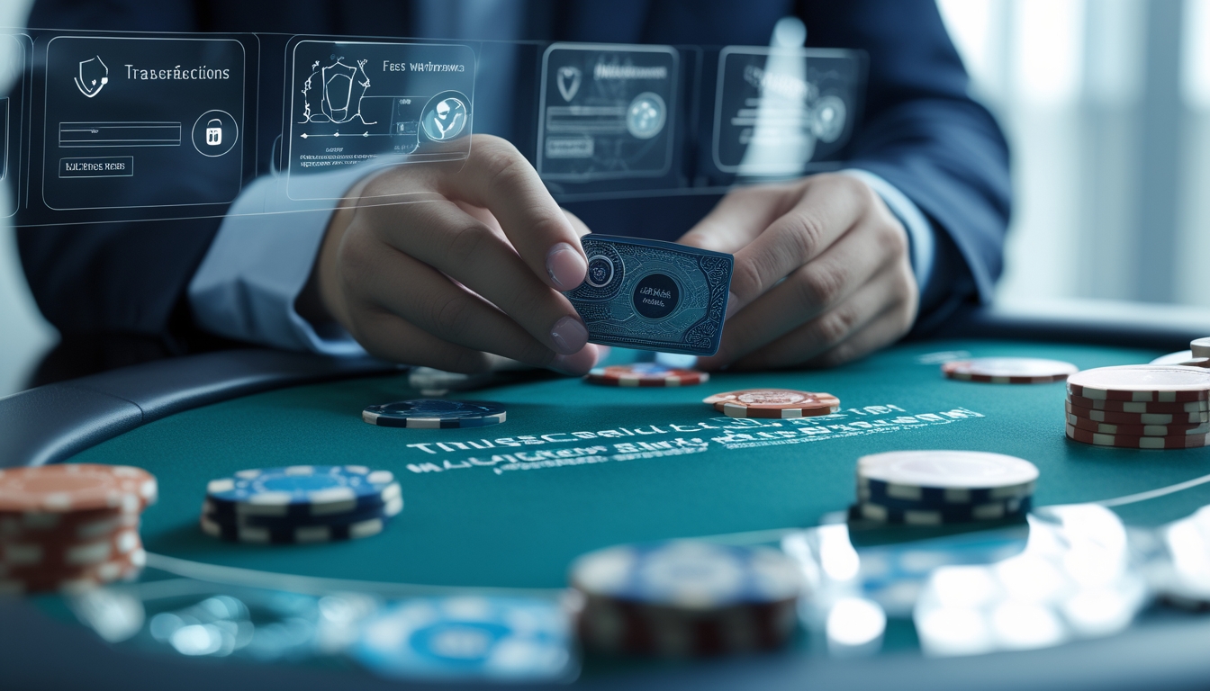 Tangan seseorang memegang kartu dan chip poker di atas meja poker dengan latar belakang layar digital yang menampilkan grafik keamanan dan transaksi cepat.