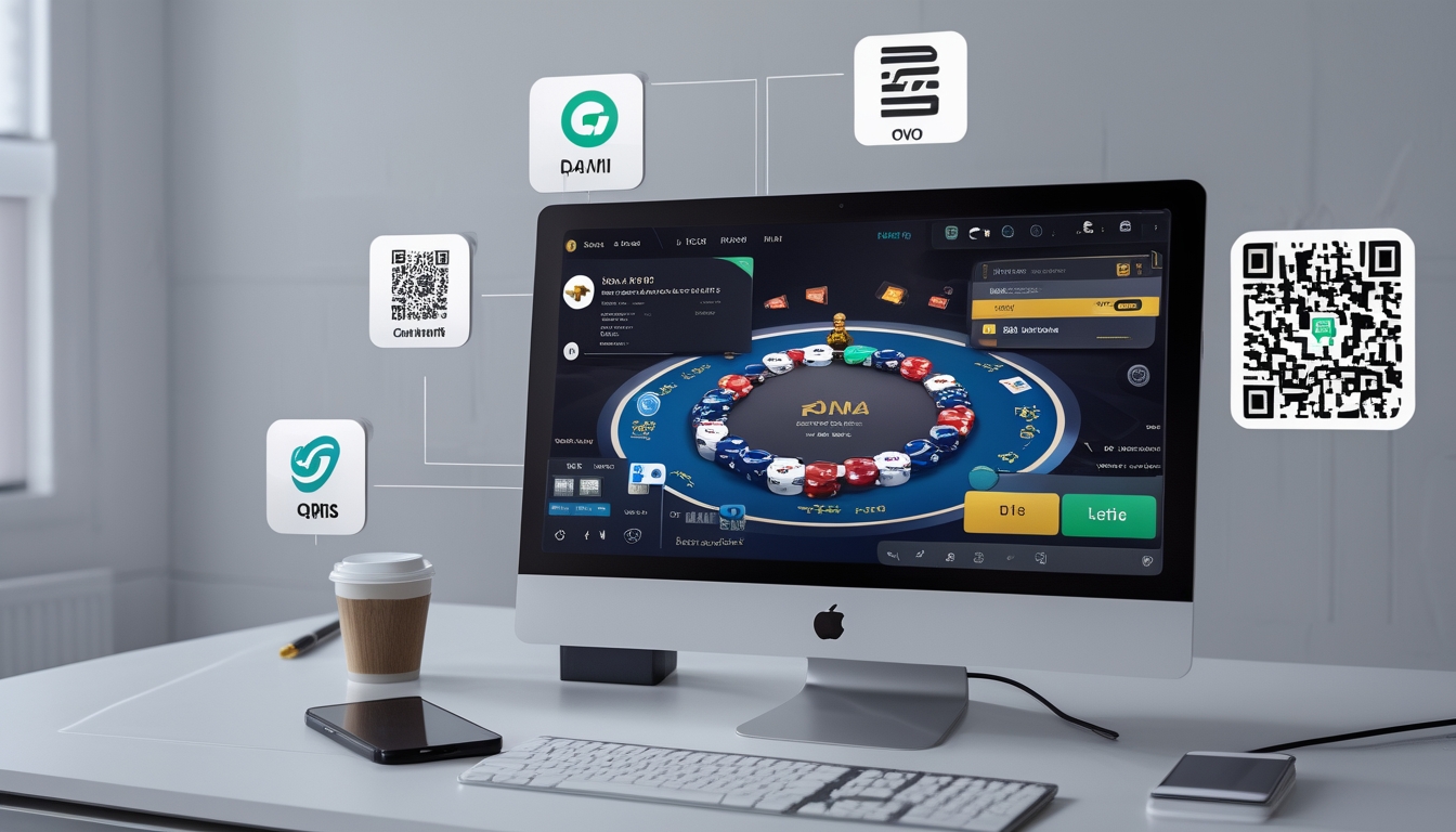 Seseorang menggunakan laptop dengan tampilan permainan poker online dan ikon pembayaran digital di sekitar perangkat.