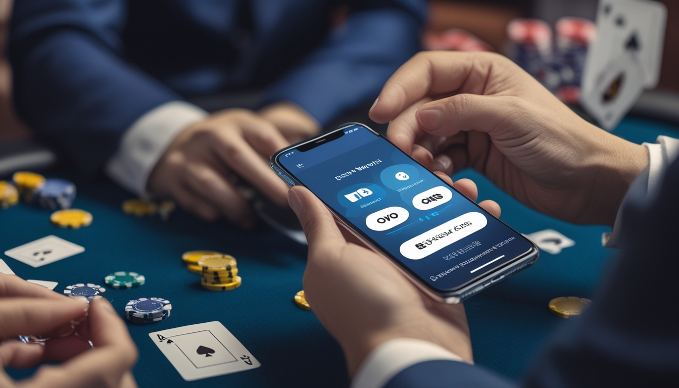 Tangan seseorang memegang ponsel dengan aplikasi dompet digital terbuka, menampilkan ikon Dana, OVO, dan QRIS, dengan meja poker dan chip di latar belakang.