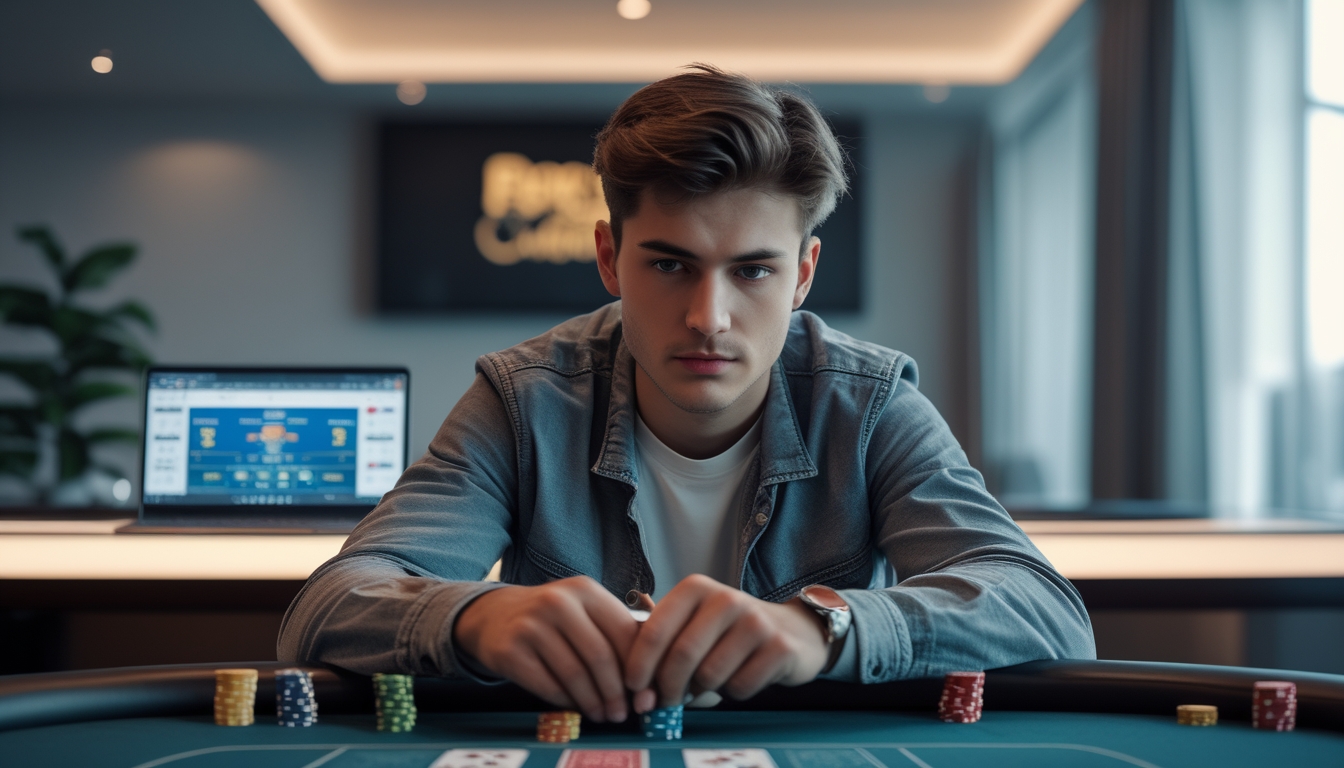 Seorang pria muda duduk di meja poker dengan kartu dan chip, fokus bermain poker online menggunakan laptop di latar belakang.