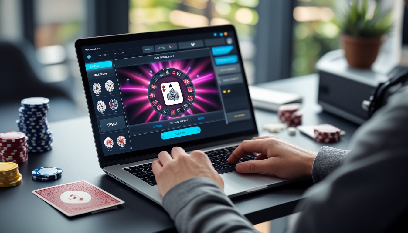 Seseorang bermain poker online di laptop dengan tumpukan chip poker dan kartu di meja, suasana fokus dan tenang.