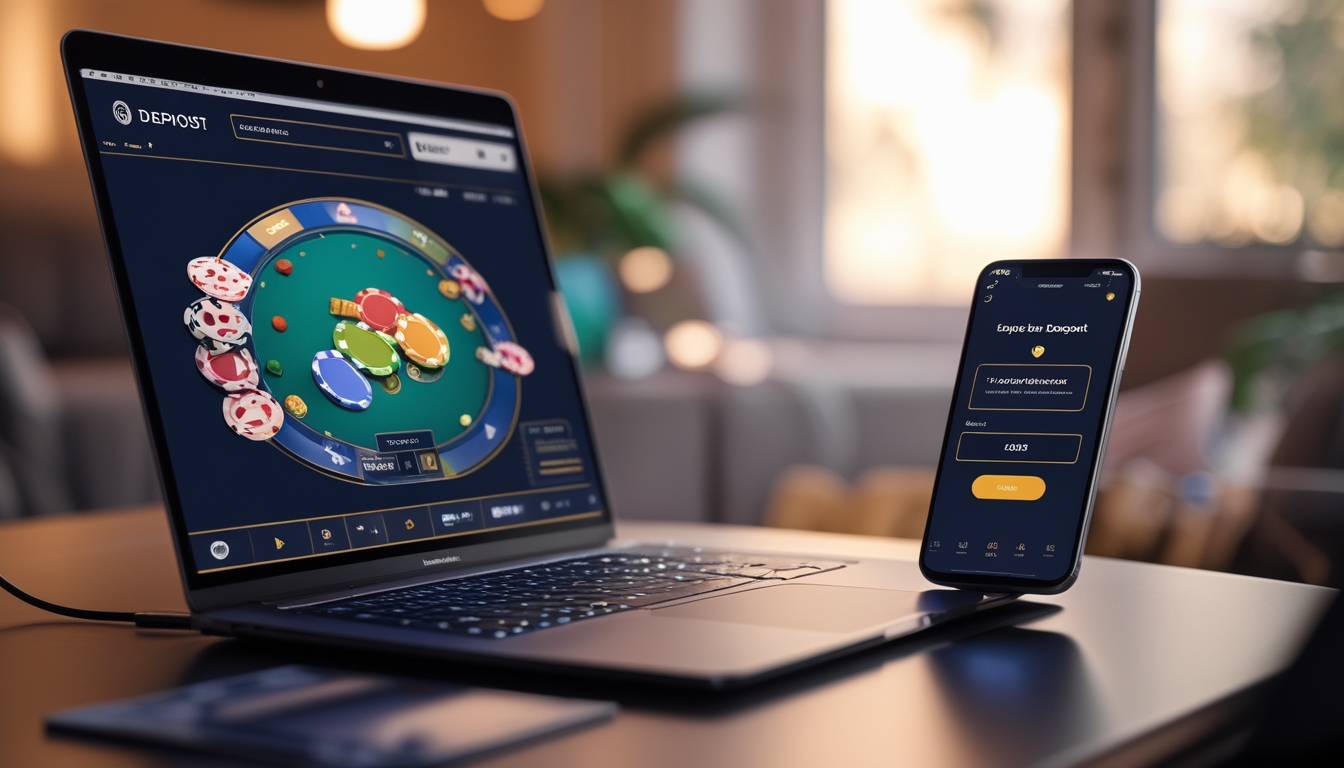 Seorang pemain poker online menggunakan laptop dan smartphone di meja dengan tumpukan chip poker dan kartu.